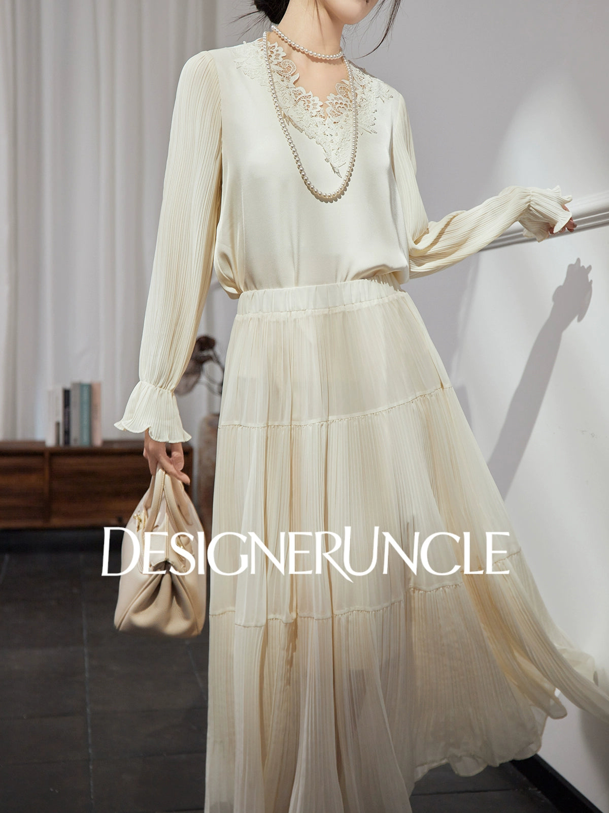DGU| Beige New High-End Ruffled Lace Stitching Design Long-Sleeved Top - RUBY.