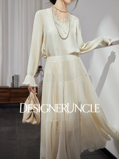 DGU| Beige New High-End Ruffled Lace Stitching Design Long-Sleeved Top - RUBY.