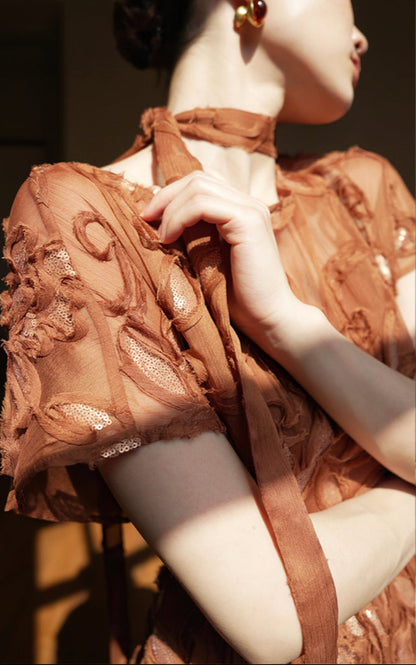 LE VENT&TES AILES Luxury French Disc Embroidered Sequin 3d Vintage brown Dress - LINA