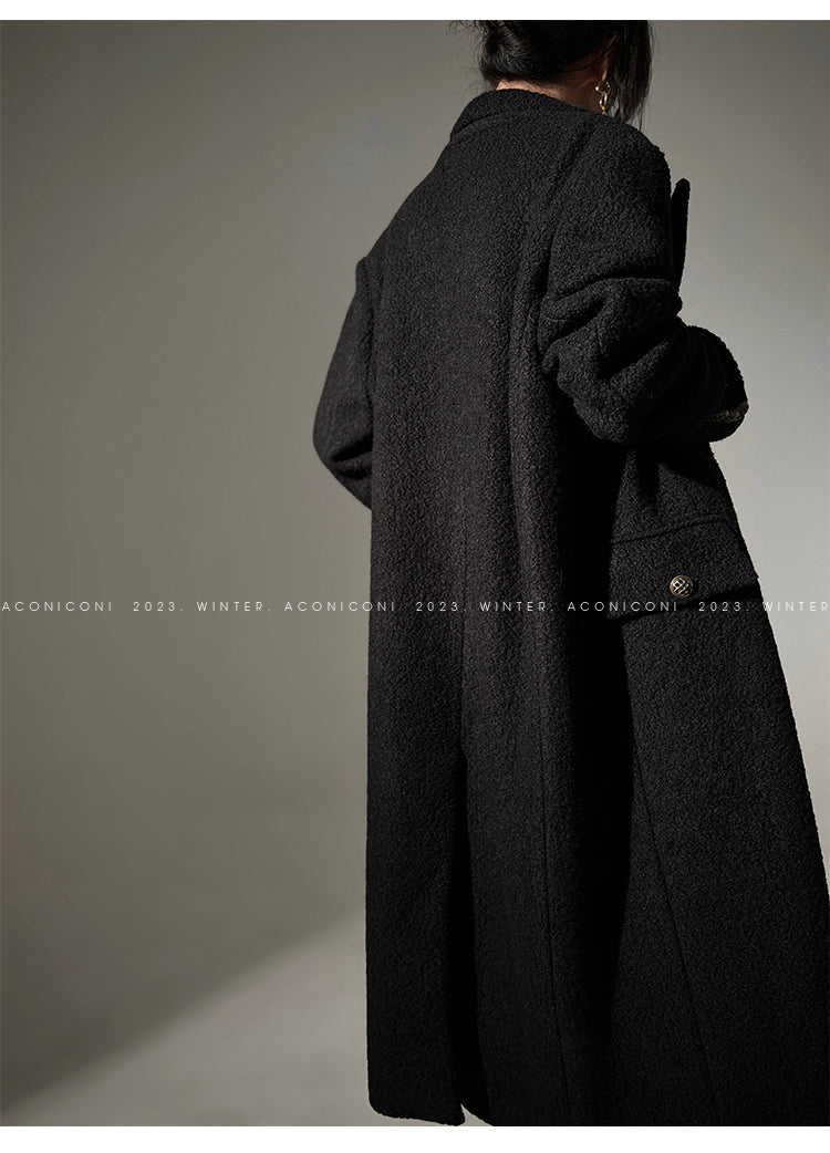 Aconiconi Luxury Black Suit CollarLong Straight Winter Coat