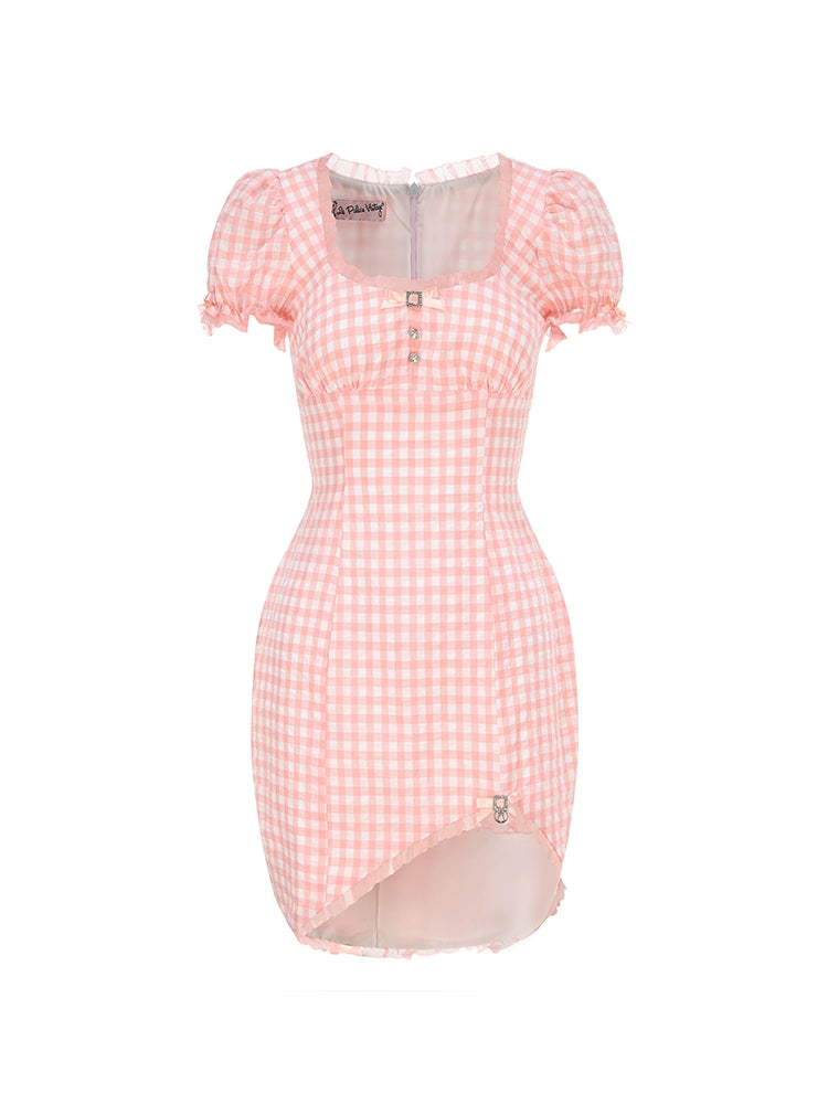 Le Palais Vintage Sweet Pink Padded Puff Sleeve Slim Fit Dress-HORIMIYA.