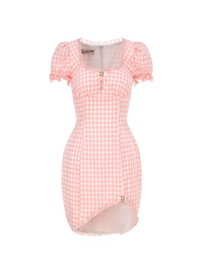 Le Palais Vintage Sweet Pink Padded Puff Sleeve Slim Fit Dress-HORIMIYA.