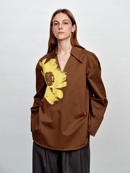 SERRER bright yellow daisy print brown pullover V-neck shirt - ISAIAH.