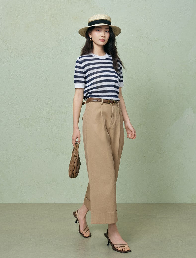 SUSHE light hollow texture striped short-sleeved knit sweater new stretch loose top -BESS