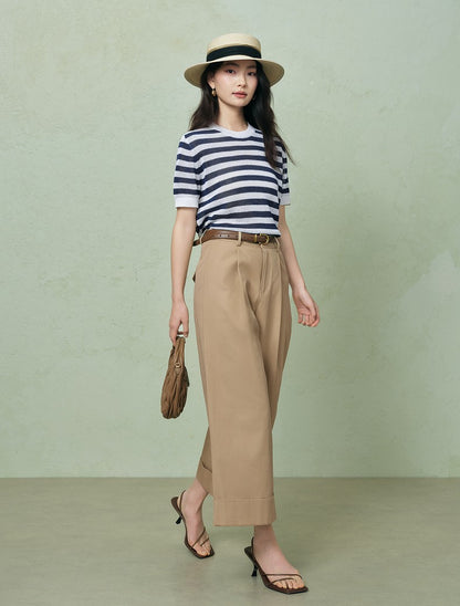 SUSHE light hollow texture striped short-sleeved knit sweater new stretch loose top -BESS