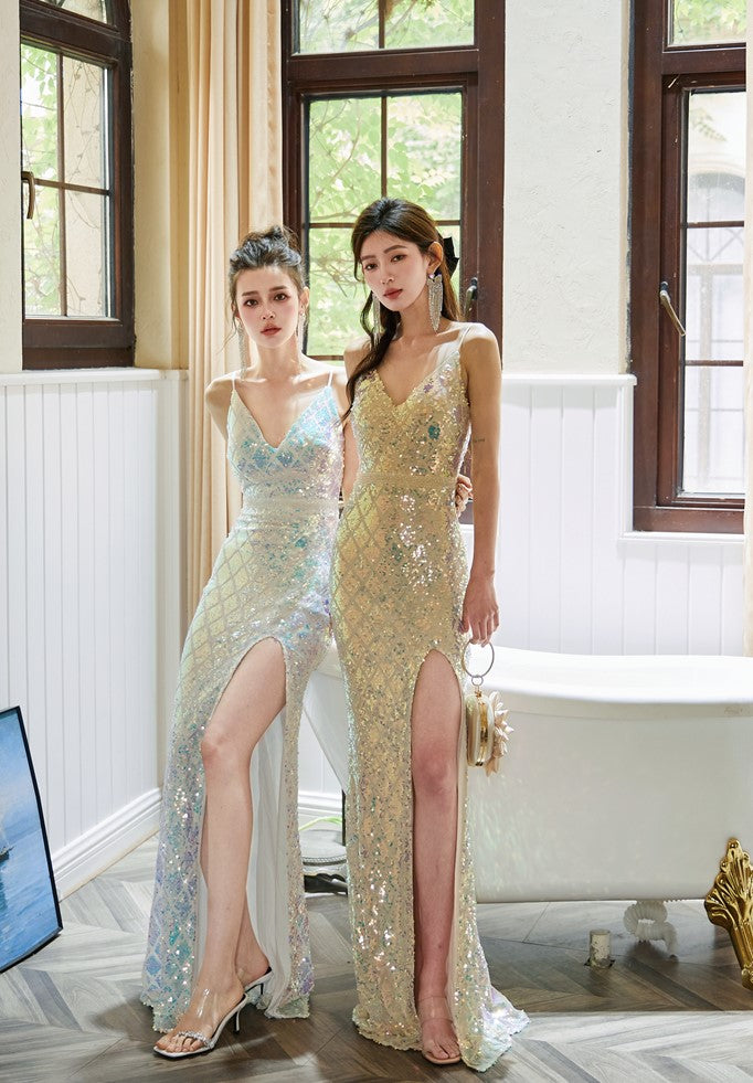 DOLLY High End Sleeveless V-Neck Sequin Long Slim Fit Slit Banquet Dress-ERICA