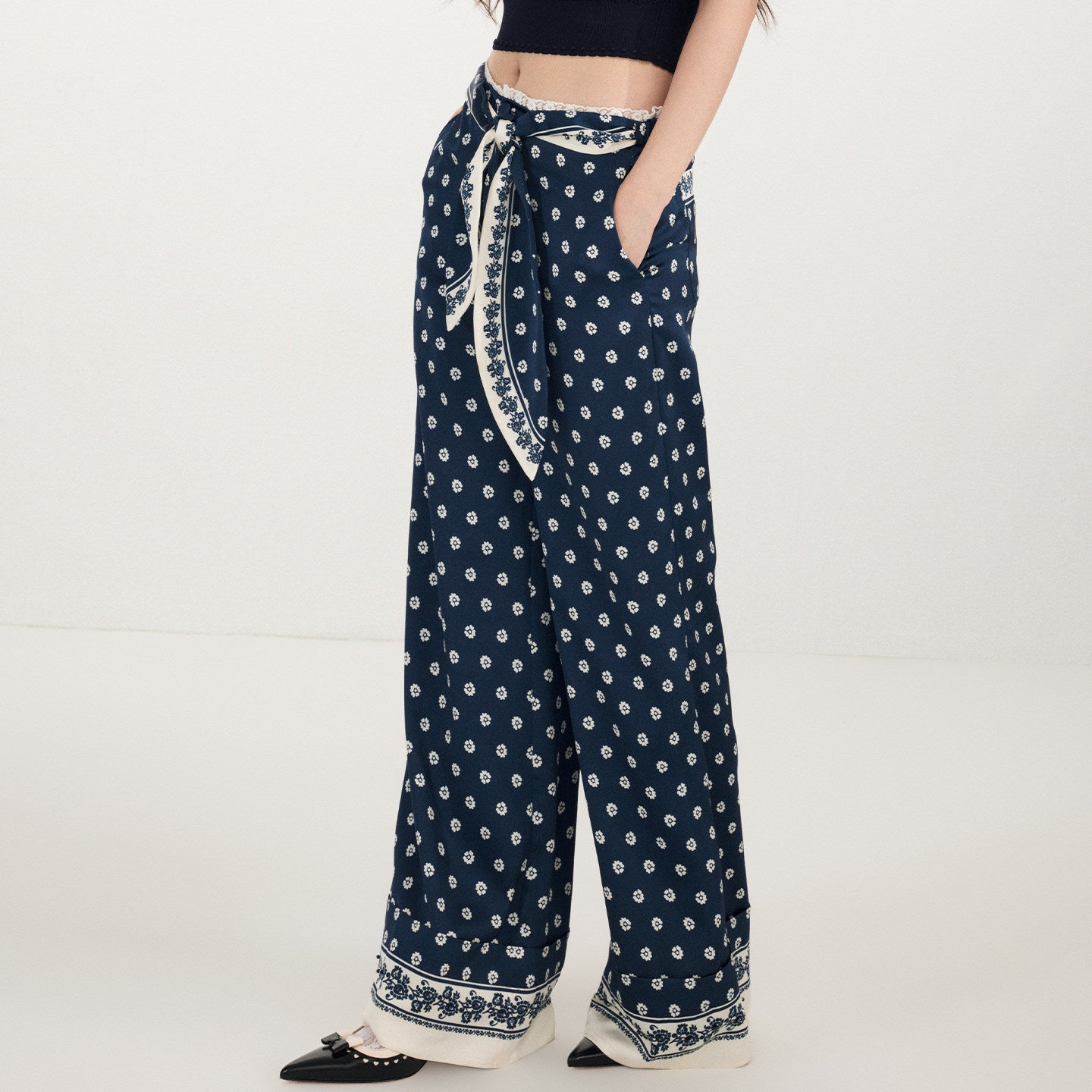FAME Printed Silk Scarf Pants Straight Loose Wide-leg Slacks