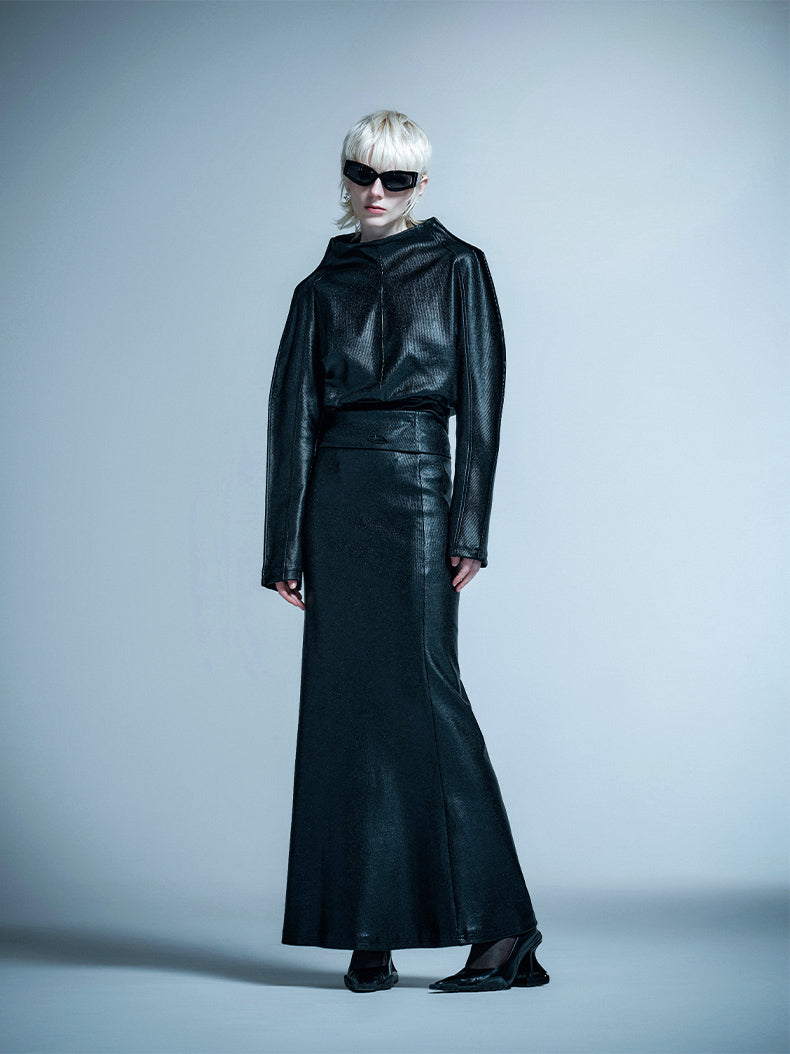 ANNAKIKI designer black folded low-waisted long skirt for women-GRAHAM