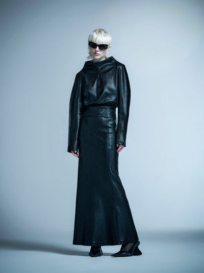 ANNAKIKI designer black folded low-waisted long skirt for women-GRAHAM