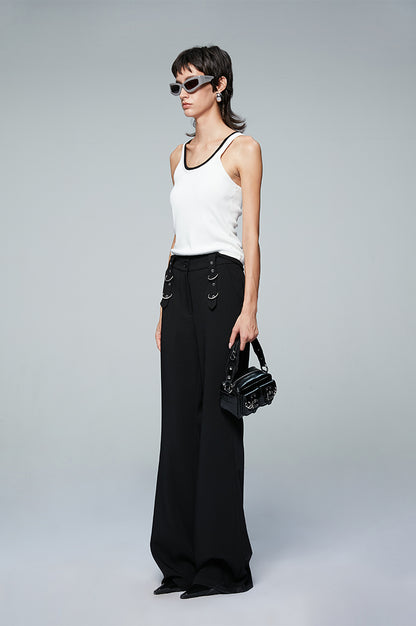 ANNAKIKI Designer Black Buckle Slim Fit Wide-Leg Casual Boot Pants-SAKATA