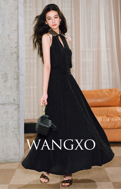 WANGXO | Extravagant Sparkling Meteor Diamond  Metallic Striped Umbrella Hem Sleeveless Dress -ZIVI