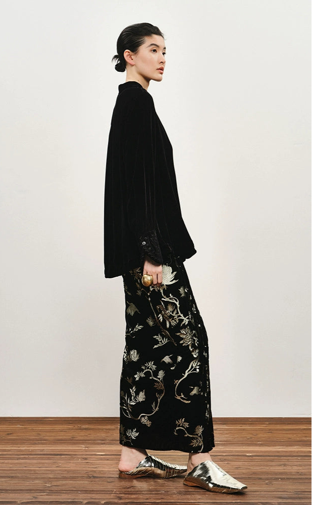 ZHUCHONGYUN Chinese nail bead stamped suede skirt--KEIGO.