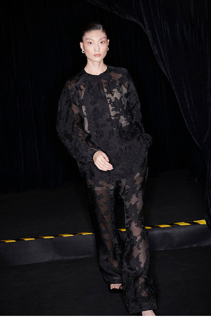 M essential Mackay designer slashed silk-cut semi-sheer lace pant top - indigo.