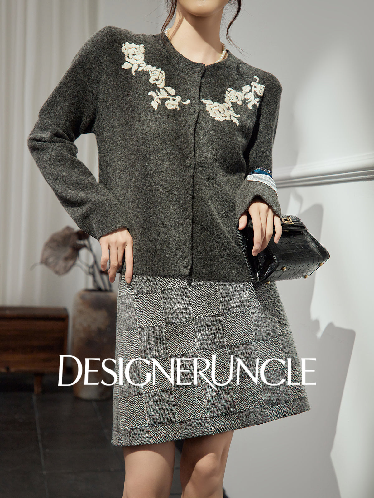 DGU "Flower Rhyme" gray sweater autumn retro loose slimming knitted top - Brianna.