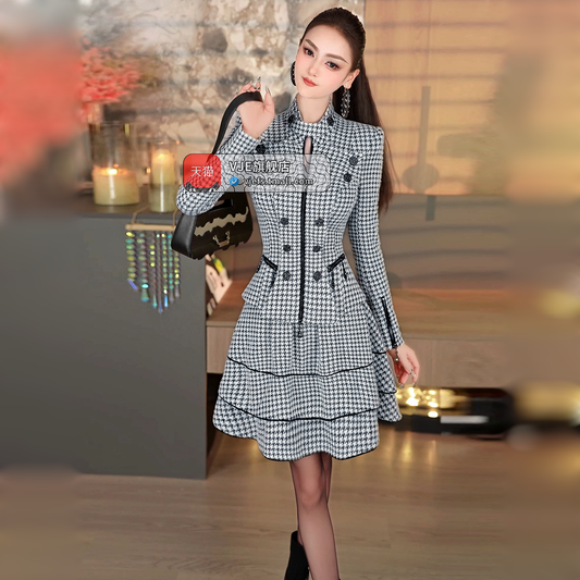 VJE Houndstooth Waist Suit Skirt Top Puffy Skirt Two-Piece Set-AERA.