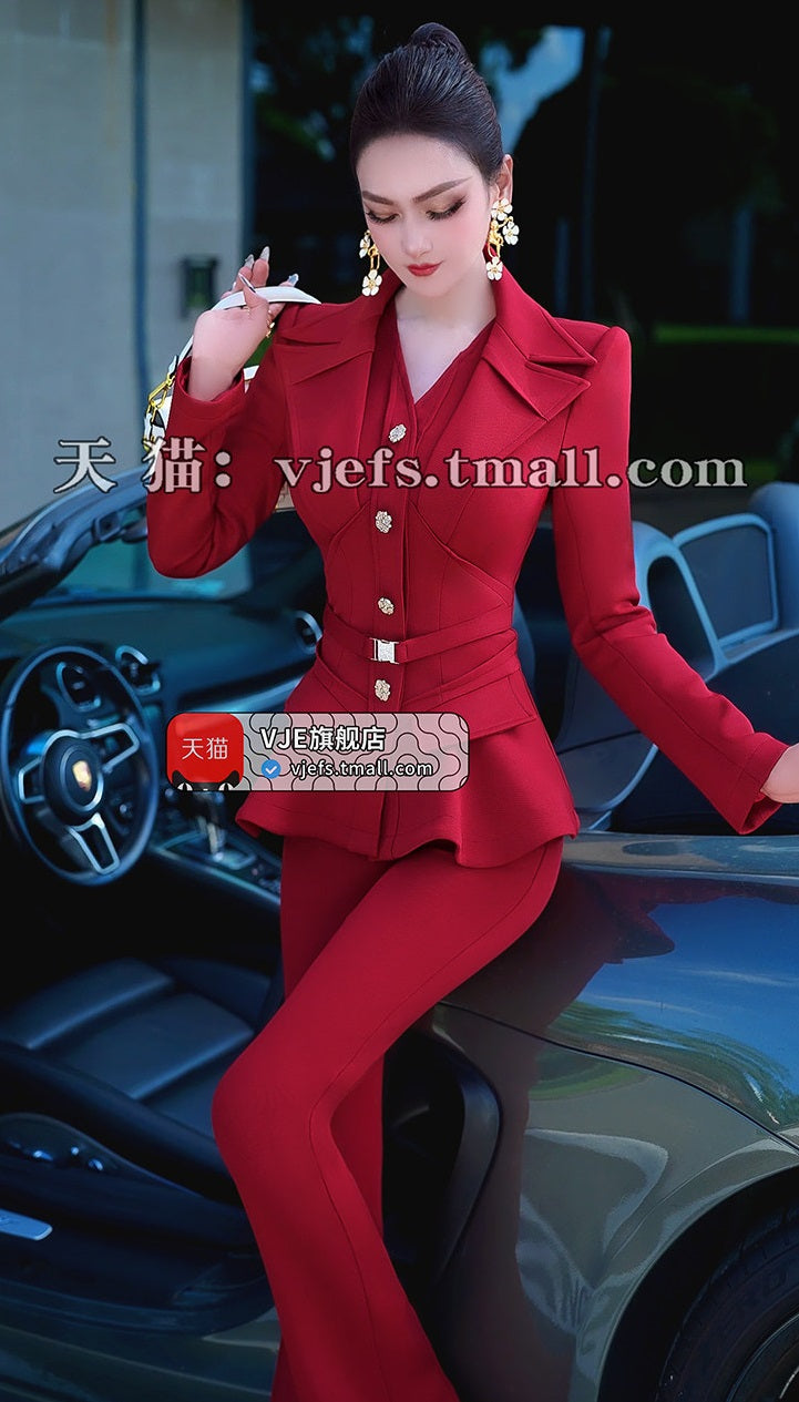 VJE  Jacket High-Waisted Flared Pants Two-Piece Set - DAMO.