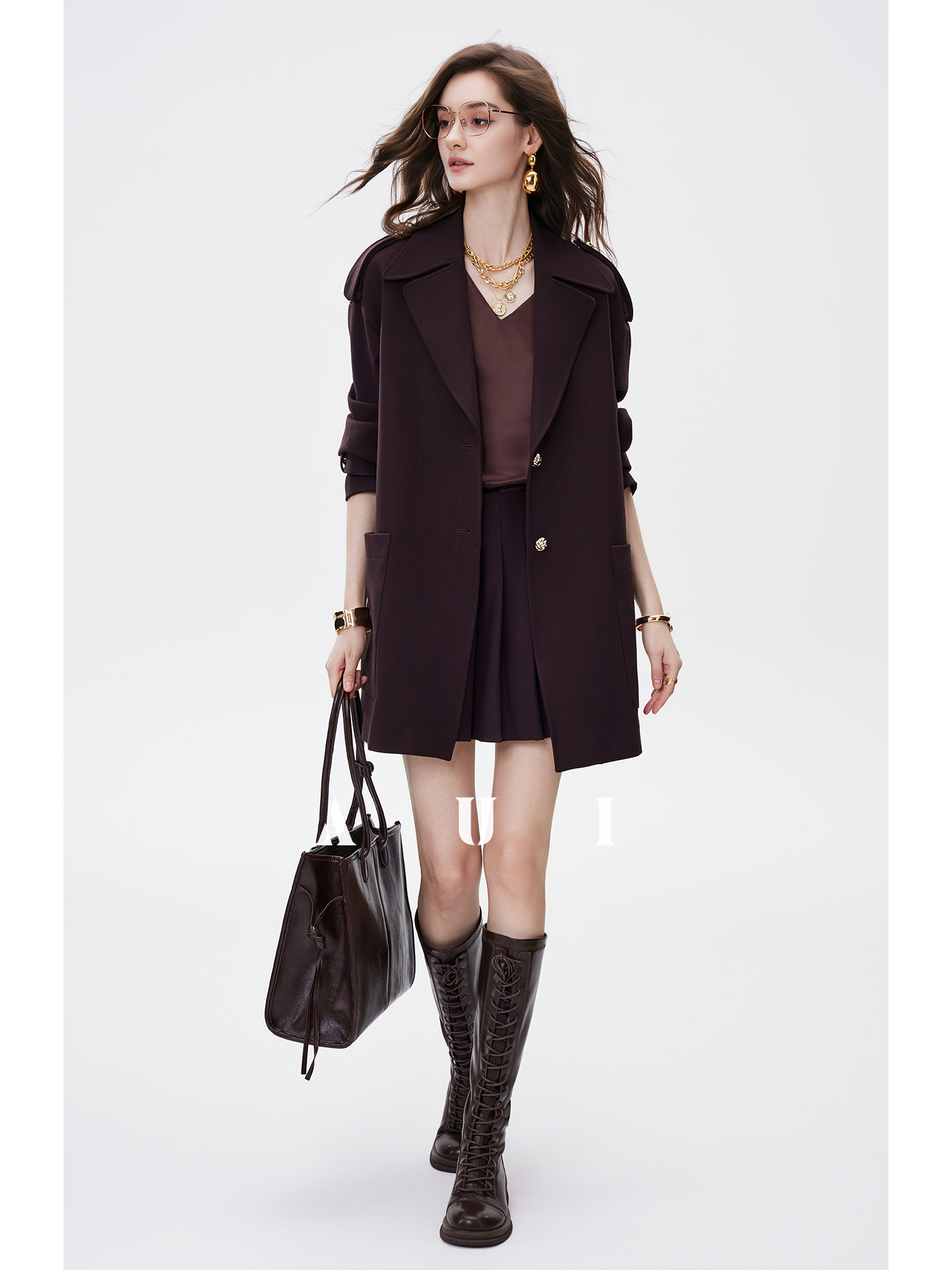 AUI Mocha Mousse Suit Collar Trench Coat Jacket - Hana!