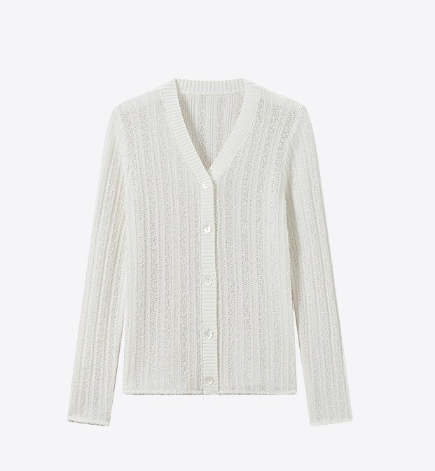 COMME MOI  Women's White Cutout Raw Edge Knitted Cardigan - MAYA.