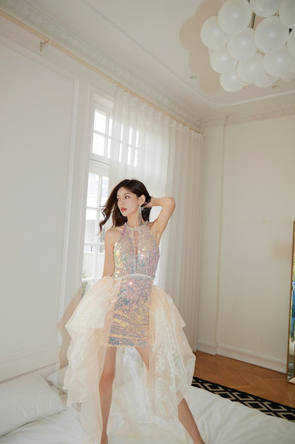 DOLLY High End Rainbow Sleeveless Bright Sequin Halter Neck Party Dress-NELLY