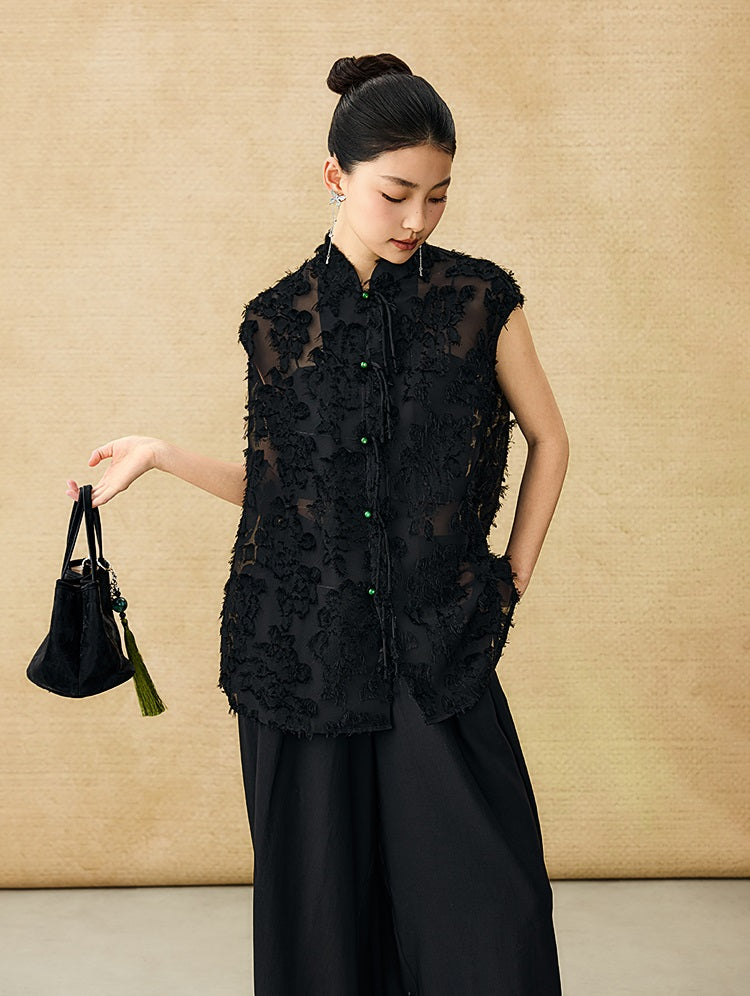 HECO Chinese Style Stand-up Collar Cut Flower Sleeveless Shirt - HELD .