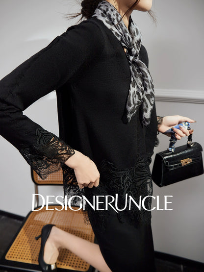 DGU Black Suit V-Neck Lace Patchwork Dress Knitted Top Two-Piece Set - FIRE.