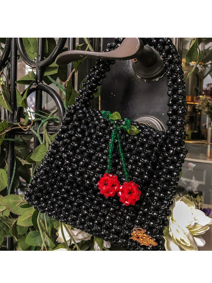 Le Palais Vintage Original Hand-woven Black Beads Cherry Handbag-Perry.