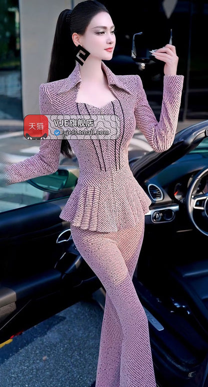 VJE  Thick Suit OL Top High-Waisted Micro Flared Pants Two-Piece Set-DANA.