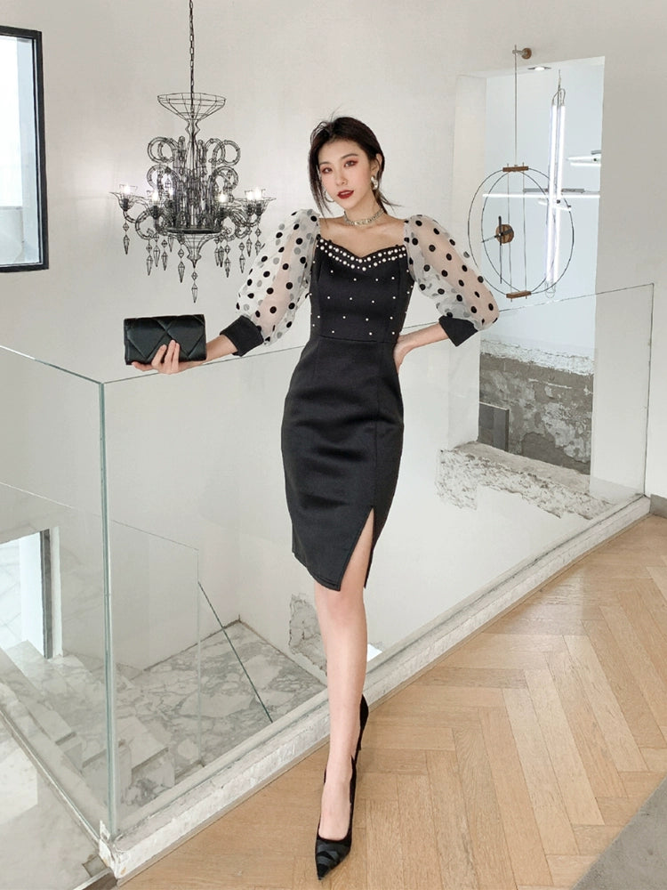 DOLLY Luxury Black Retro Style V-Neck Polka Dot Long Sleeve Slim Fit Dress-DEL