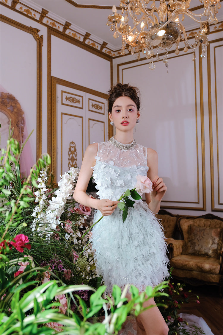 Wardrobes by Chen Elegant Blue Sleeveless Flower Feather Dress - Moji