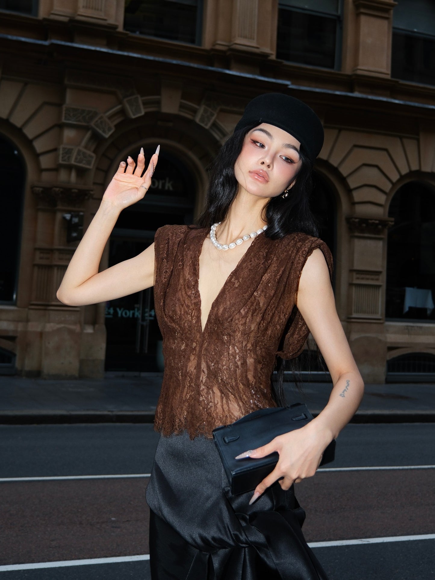 MEI SANGUAN Chocolate Padded-Shoulder Lace Camisole - ALEXANDER
