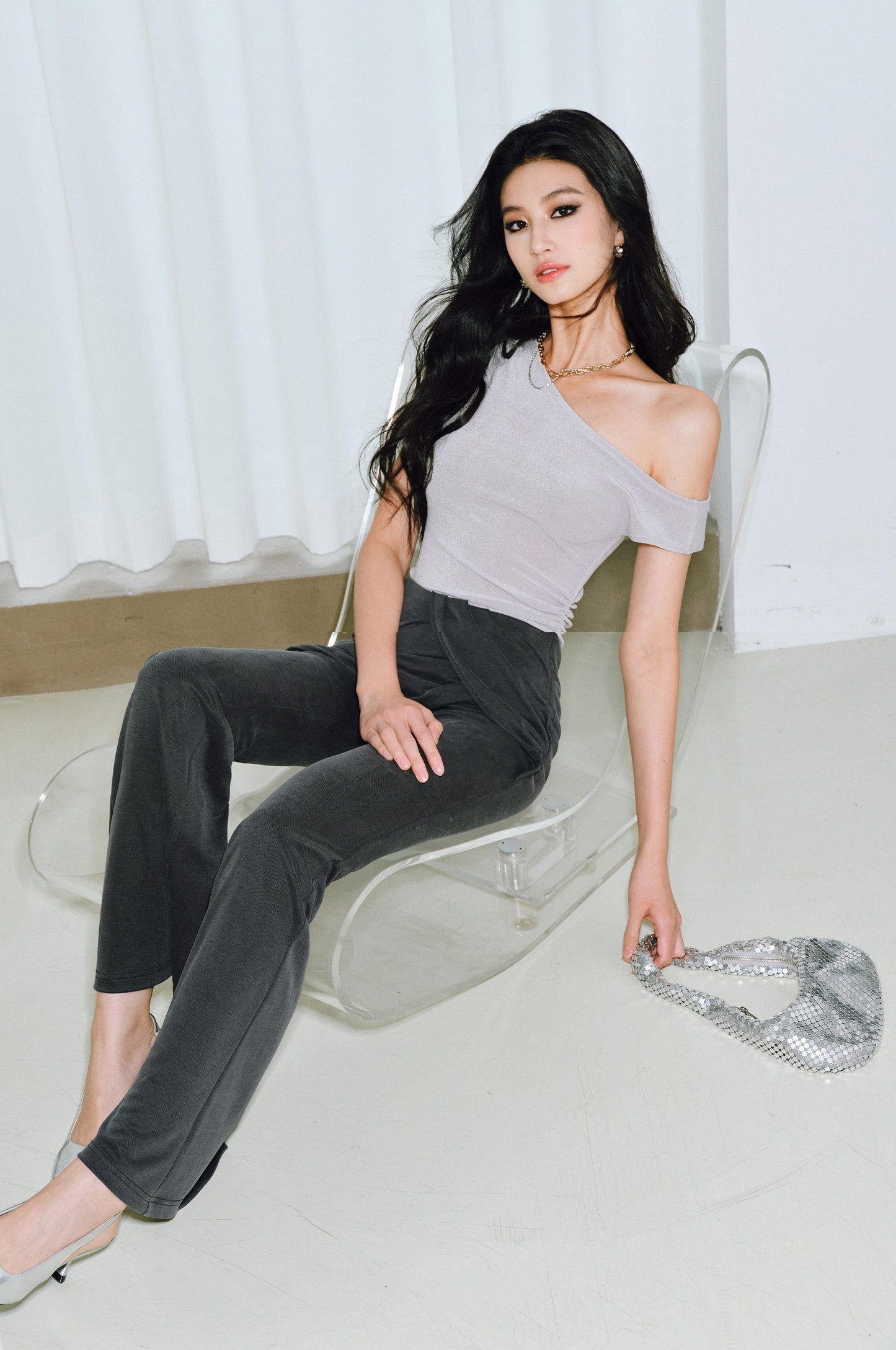 WANGXO Brilliant Radiant Acetate Bright Silk Heavy Handmade Slanted Shoulder Top - NELLA