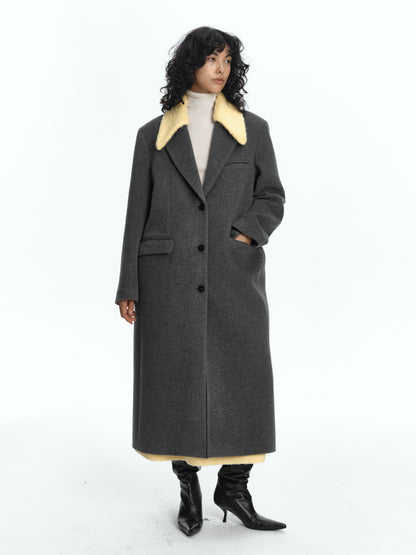 SERRER Light Yellow Gray Wool Coat with Detachable Fur Collar - ZAINAB.