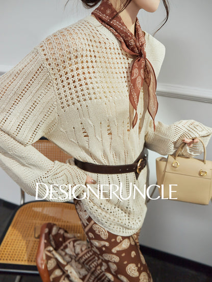 DGU| Khaki Knitted Sweater Hollow Design Niche Loose Top - Felicia.