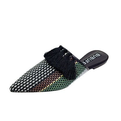 B-FEI  woven black tassel flat mules-DERY.