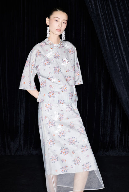 M essential Ma Kay designer Jinghe printed fabric floral nail beads top - JULY.