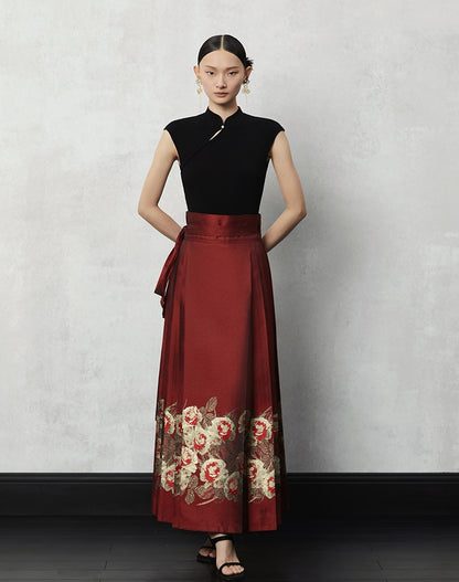 HECO Woven Gold Pattern Blue Horse Face Pleated High Waisted Skirt - tech.