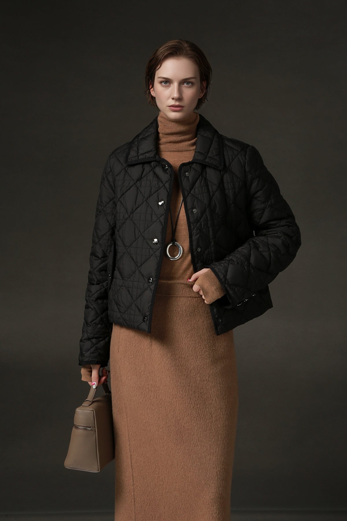 PIAOIN small rhombic short down jacket women's elegant warm winter style-SEAN