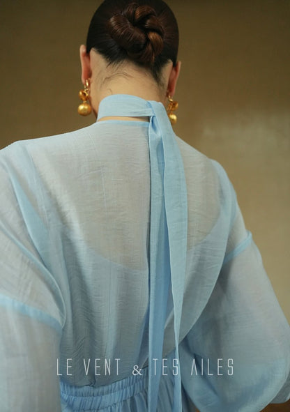 LE VENT&TES AILES pastel blue elegant summer vacation  V-neck shirt skirt set -GWEN