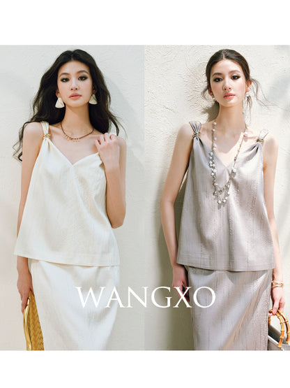 WANGXO | Lazy Precious Metal Shoulder Loop Loose Top & Straight Skirt Set with Sculpted Grace- VERA