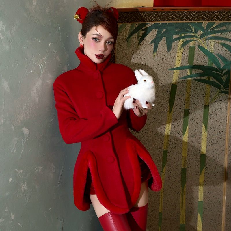 le palais vintage retro elegant red furry slit jacket coat - Dtri.