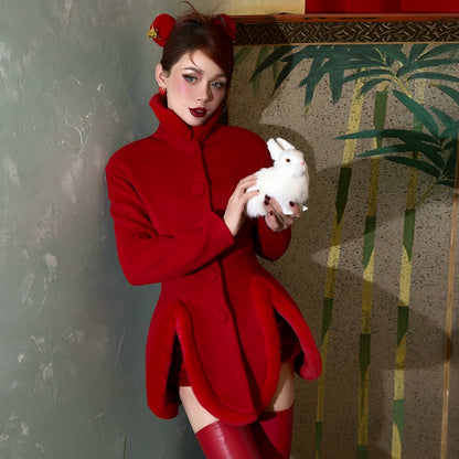 le palais vintage retro elegant red furry slit jacket coat - Dtri.