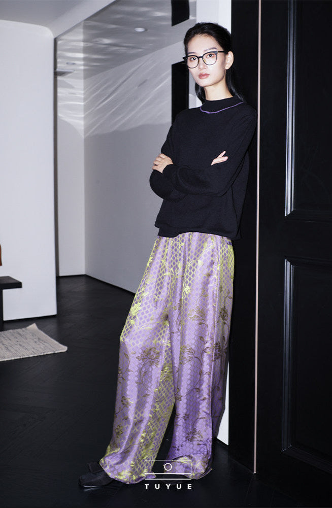 TUYUE Satin Woven Flowers Casual Straight Pants- MICHAEL.