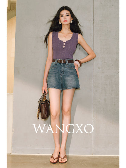 WANGXO |Micro A-Line High-Waisted Lightweight Denim Shorts with Vintage Finish -ZINA