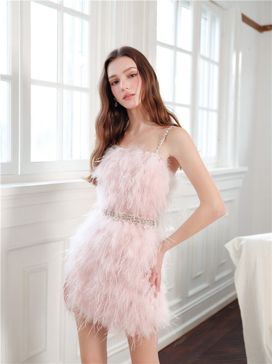 Wardrobes by Chen Elegant Sleeveless Diamond Chain Feather Dress-Doll