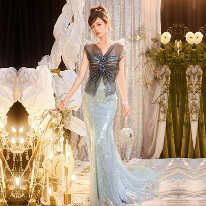 DOLLY Elegant Gradient Blue Sleeveless Off Shoulder Sequin Dress-SANDY