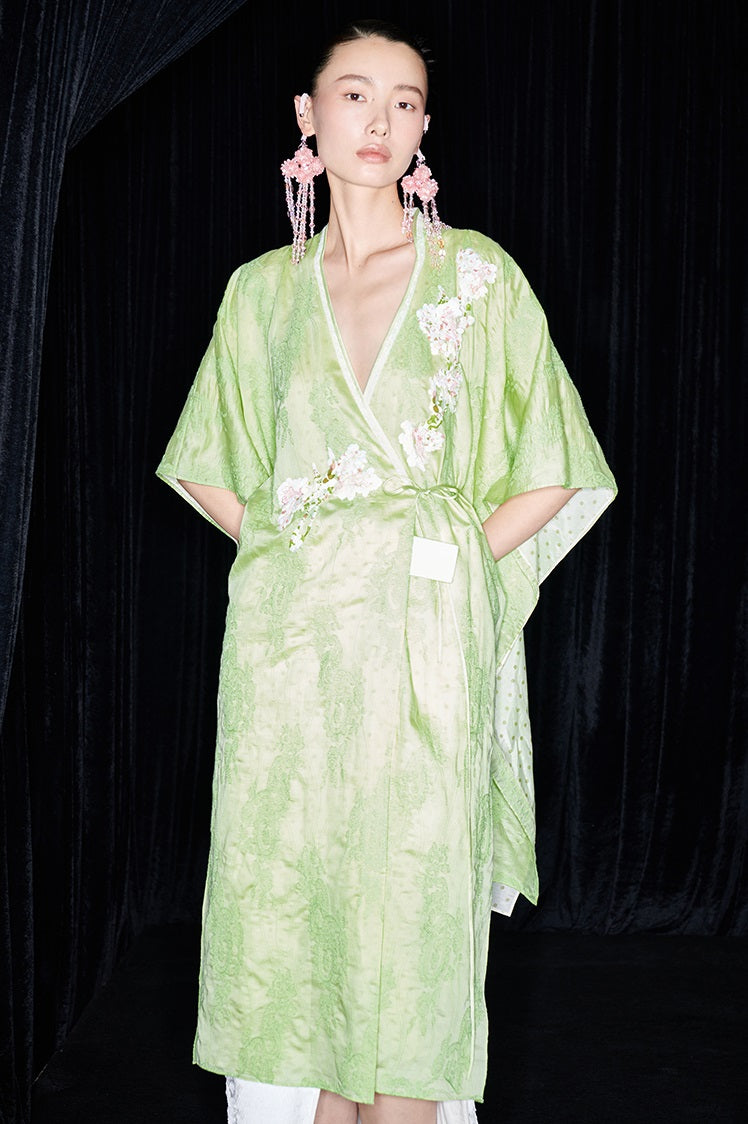 M essential Mackay designer green embroidered fabric magnolia beaded cardigan robe - RUTH.