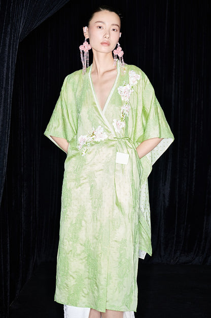 M essential Mackay designer green embroidered fabric magnolia beaded cardigan robe - RUTH.