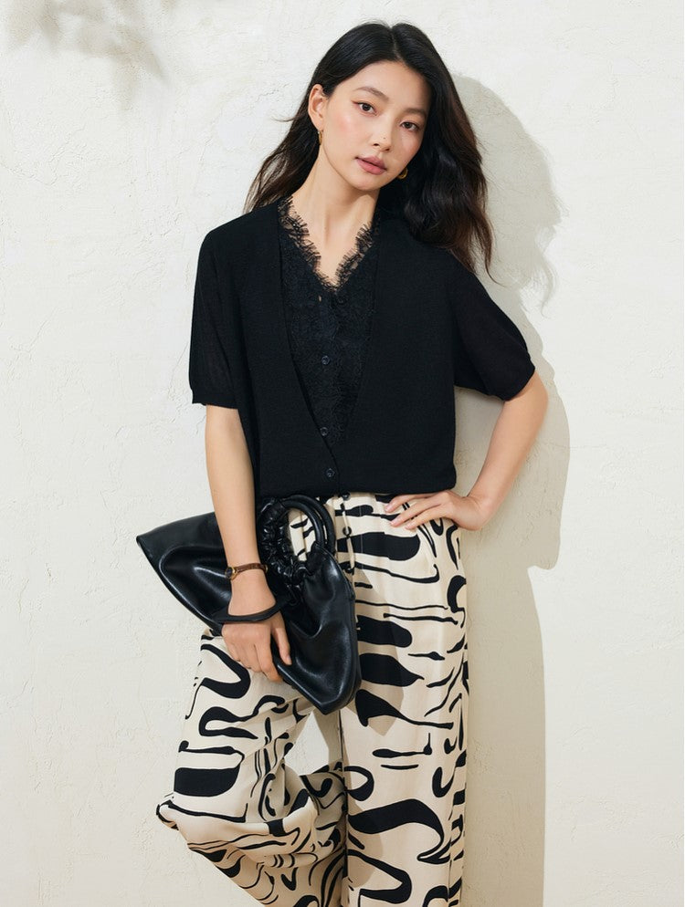 SUSHE LACE STITCHING V-NECK FIVE-QUARTER SLEEVES TWO-PIECE KNITTED TOP-EVA