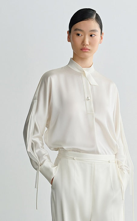 COMME MOI Lu Yan Designer New Women's Half Placket Strip Top Satin Shirt - SAINTS .