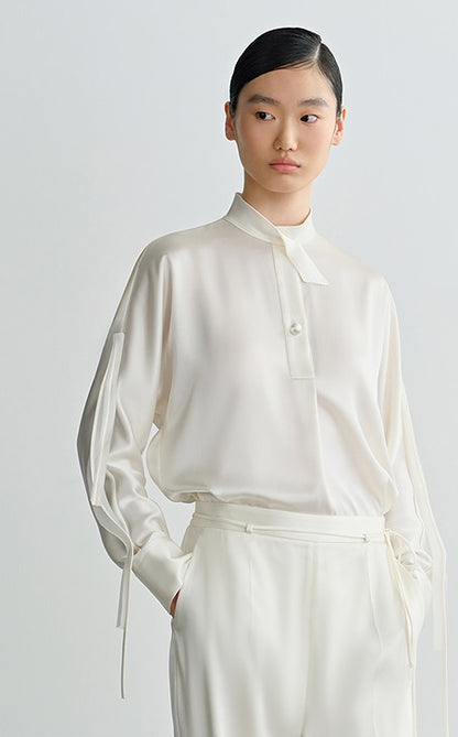 COMME MOI Lu Yan Designer New Women's Half Placket Strip Top Satin Shirt - SAINTS .